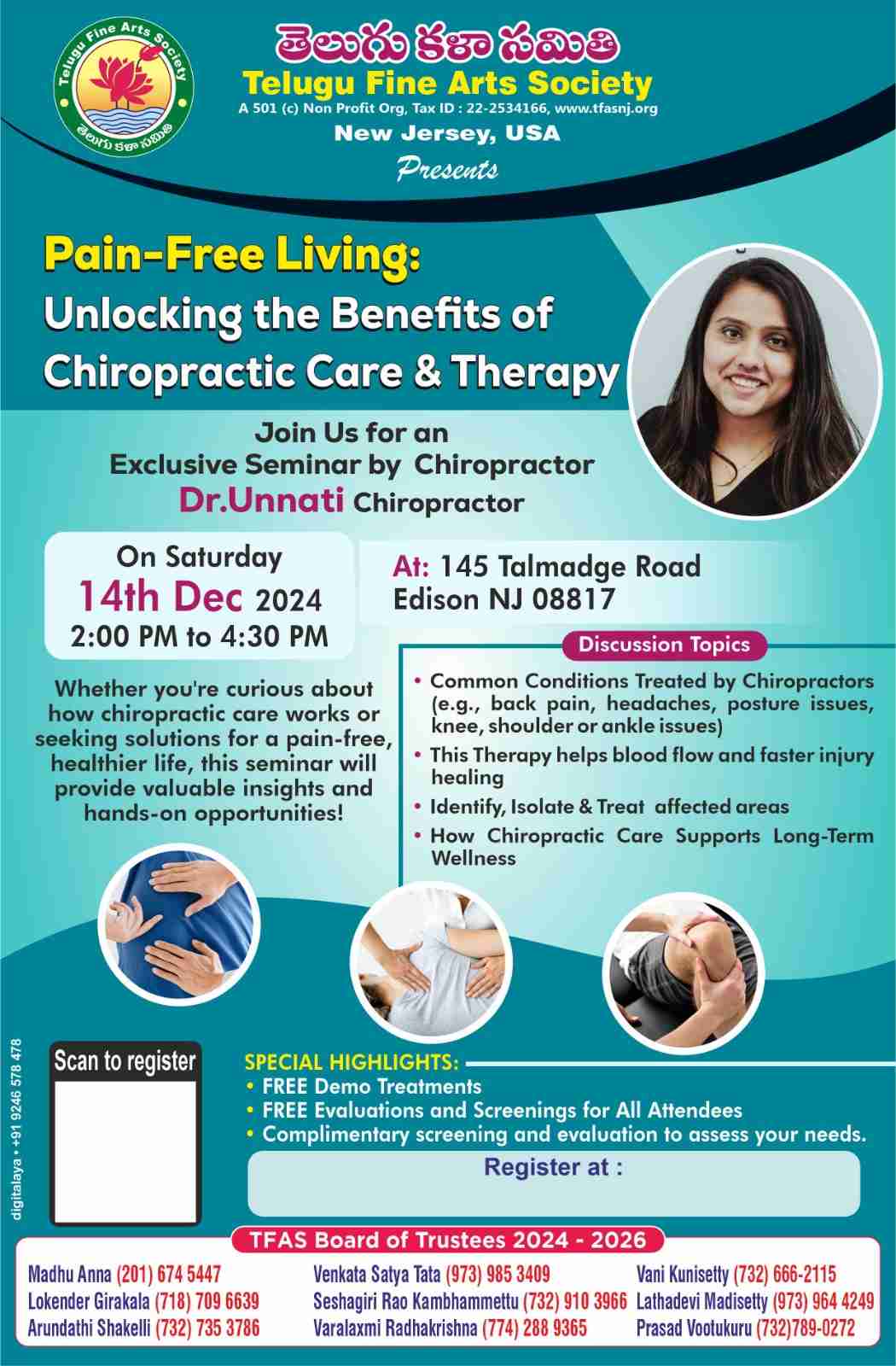 Telugu Fine Arts Society is proudly organizing a Pain-Free Living Seminar 2025